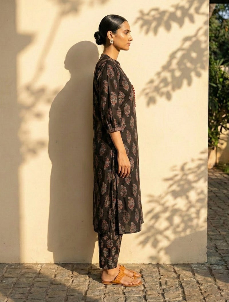 trueBrowns Black Boota Print Angrakha Kurta Pant Dupatta Set - Image 3